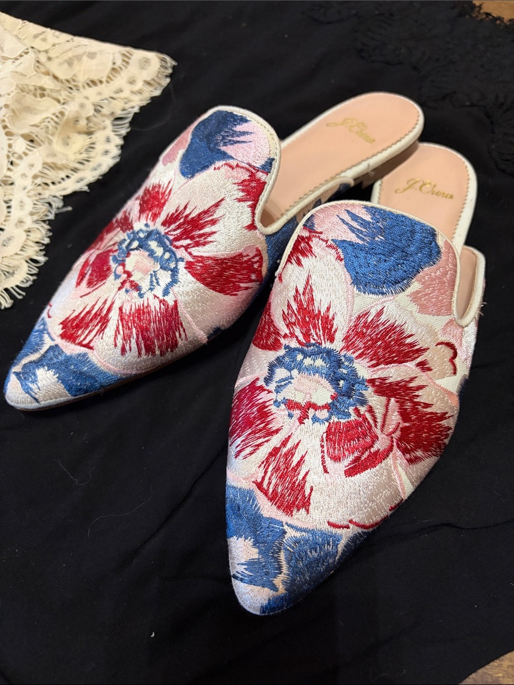 J. Crew Pink Pointed Slip-On Mules with Red & Blue Floral Embroidery